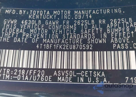 2014 Toyota Camry Se z USA, uszkodzony, nr VIN 4T1BF1FK2EU870592